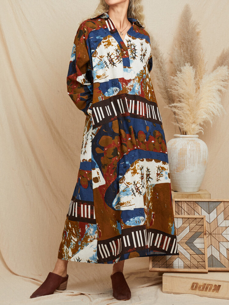 
	Ethnic Pattern Vintage Button Pocket Lapel Collar Print Dress