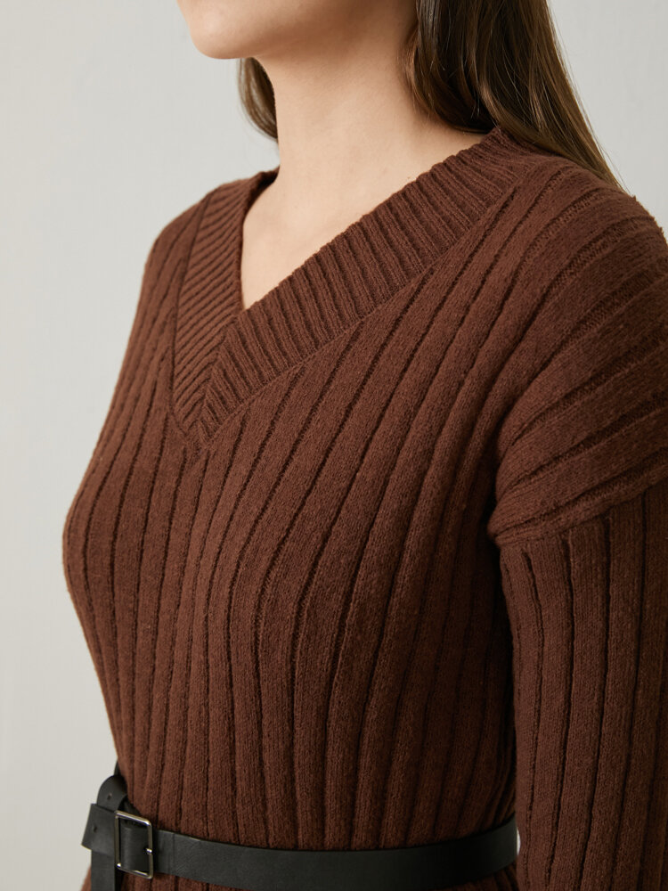 
	Solid Color Ribbed Knit V-neck Bodycon Women Casual Dress