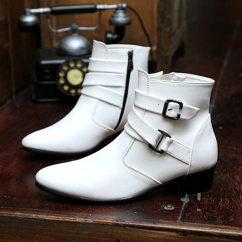 
	Men PU Non Slip Pointed Toe Side Zipper Buckle Casual Boots