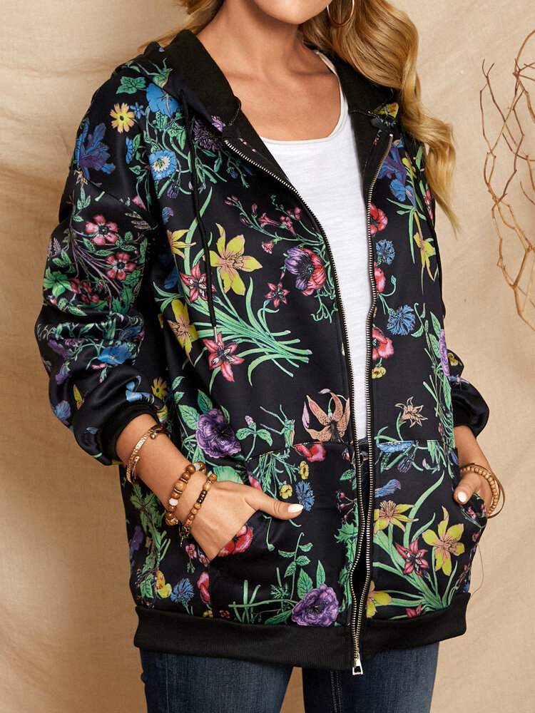 
	Calico Print Zip Front Drawstring Kangaroo Pocket Hoodie Jacket