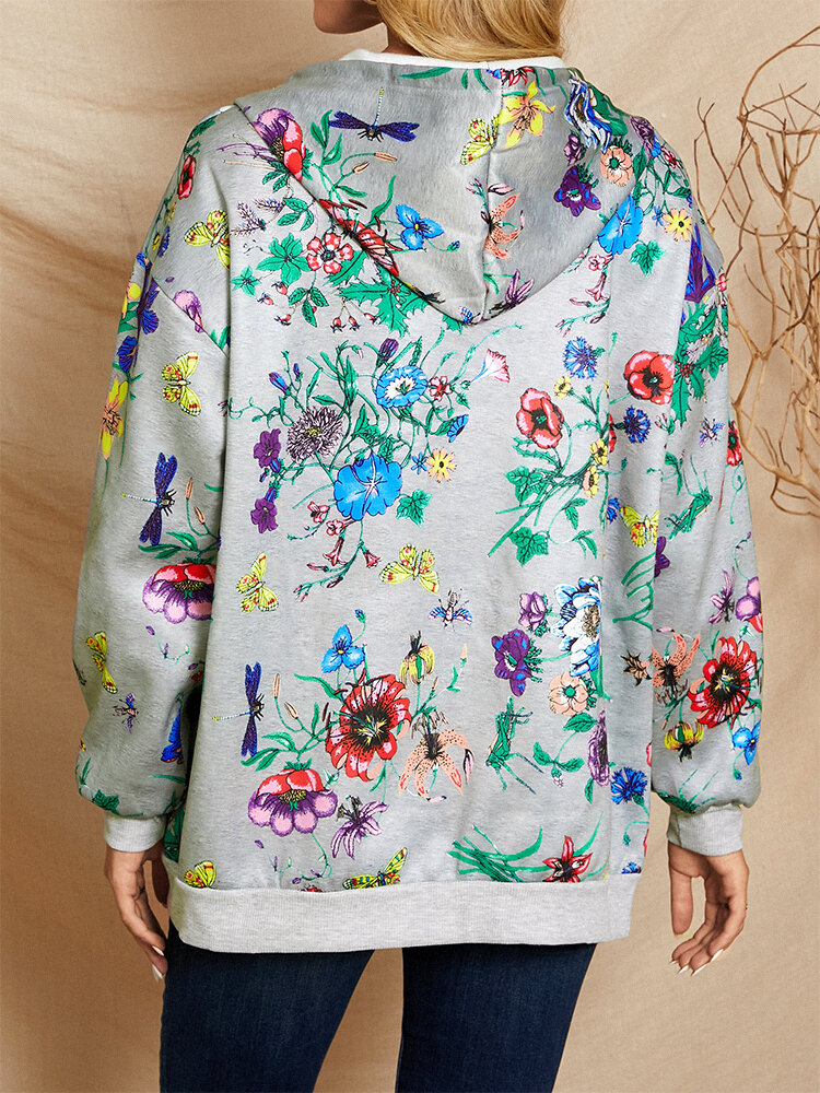 
	Calico Print Zip Front Drawstring Kangaroo Pocket Hoodie Jacket