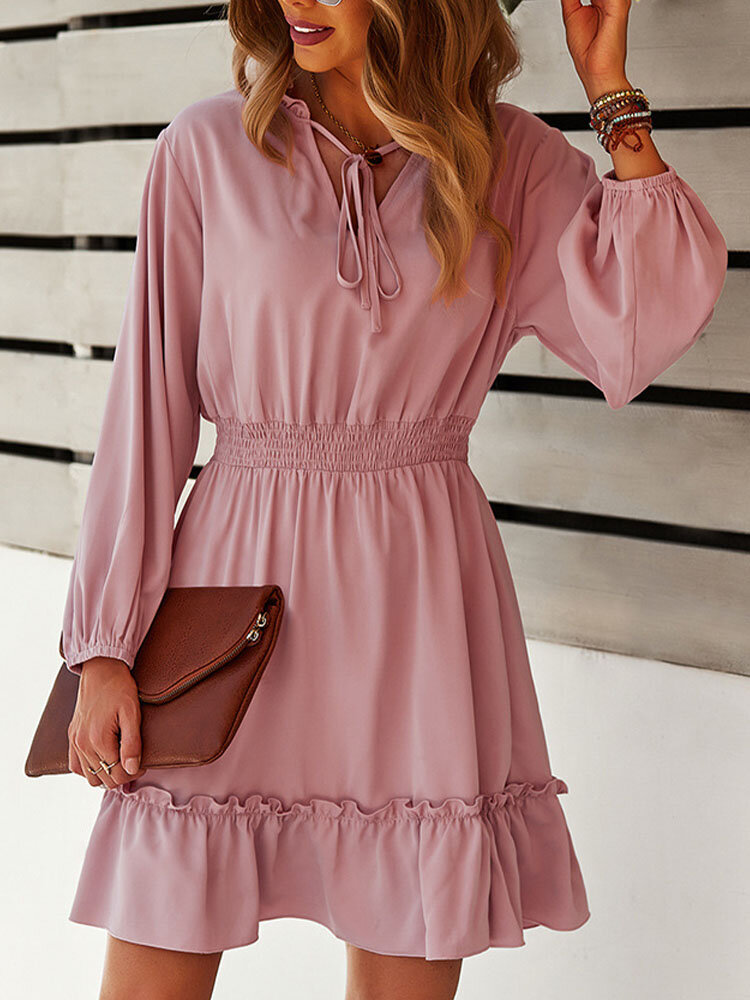 
	Solid Elastic Waist Ruffle Tie Front Long Sleeve Casual Dress