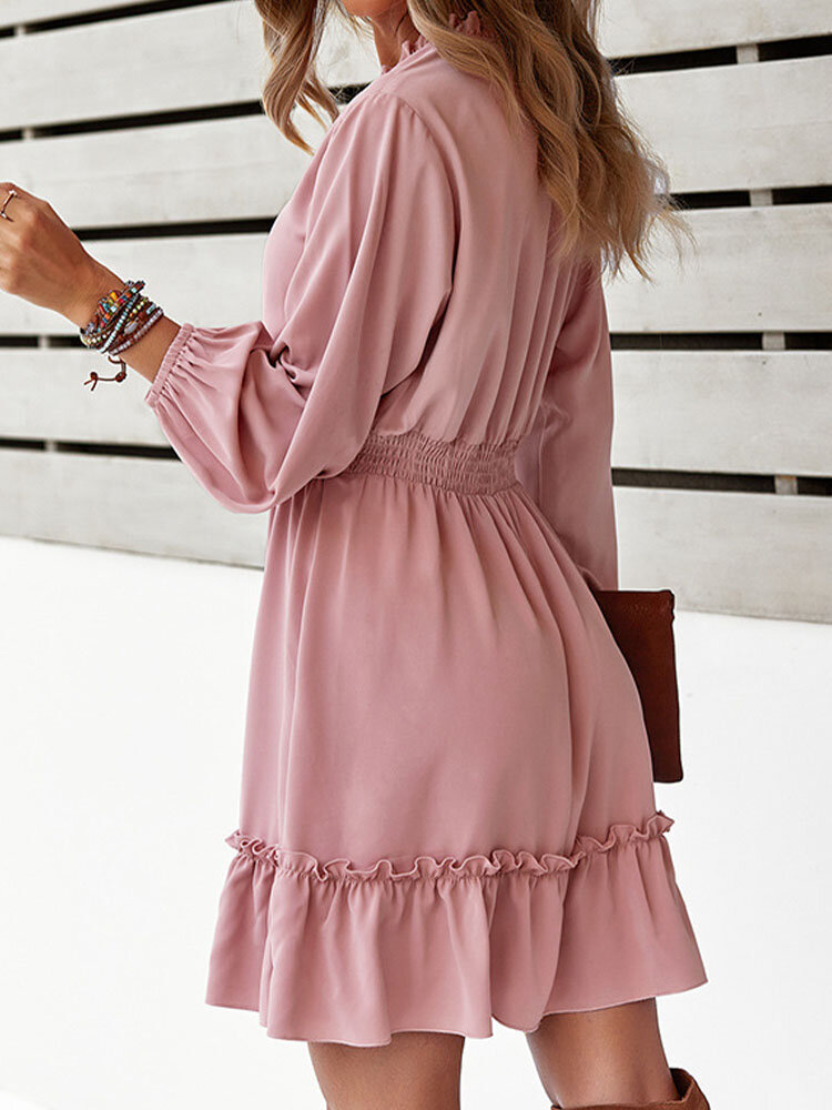 
	Solid Elastic Waist Ruffle Tie Front Long Sleeve Casual Dress