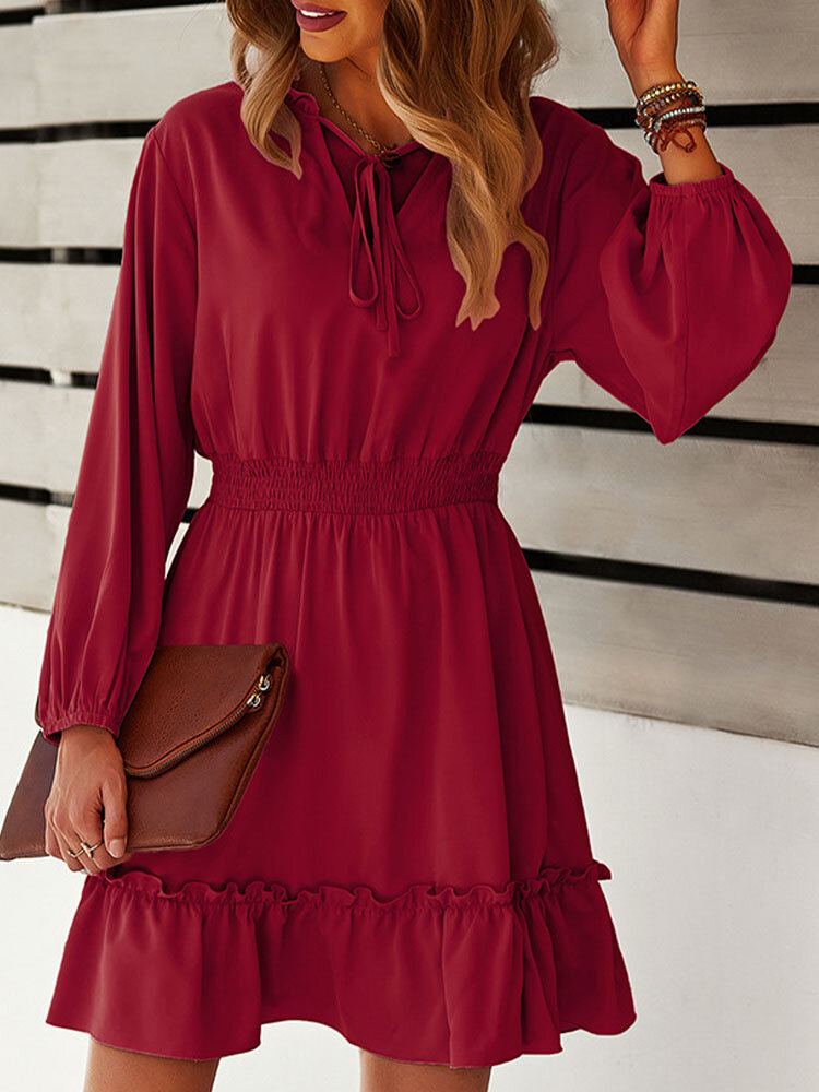 
	Solid Elastic Waist Ruffle Tie Front Long Sleeve Casual Dress