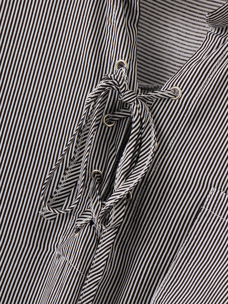 
	Stripe Print Pocket Tie Front Long Sleeve Lapel Dress