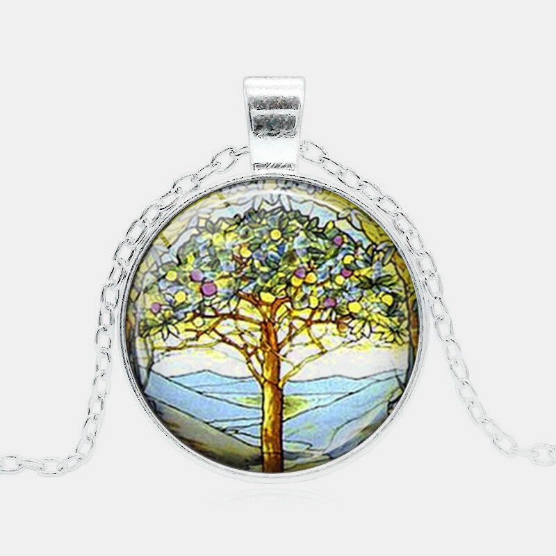 
	Vintage Geometric Round Tree Of Life Gemstone Pendant Necklace Metal Colorful Glass Printed Women Jewelry