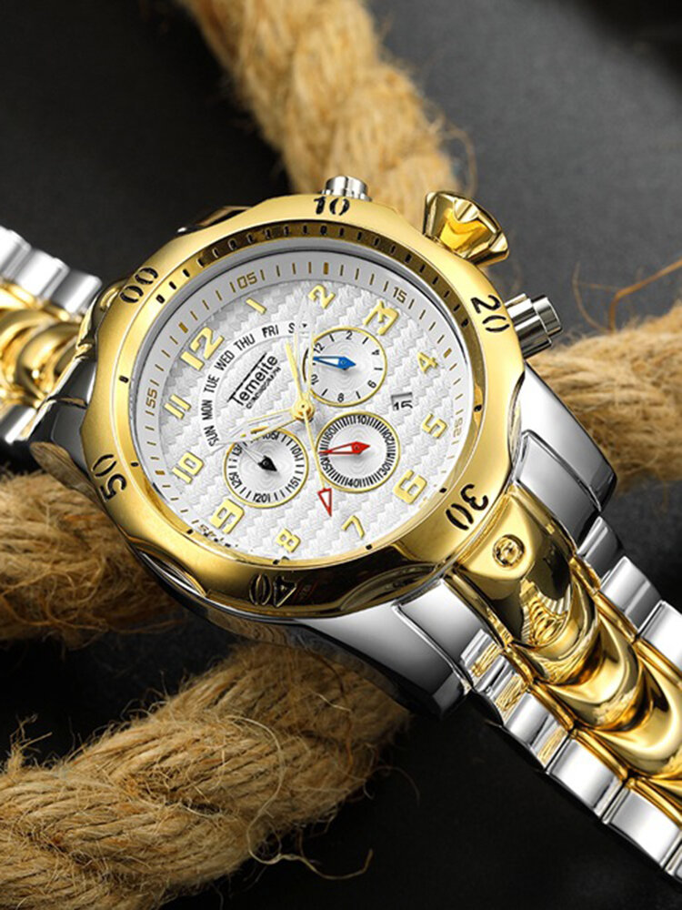 
	Large Dial Men Business Watch Multifunctional Luminous Calendar Waterproof Quartz Watch