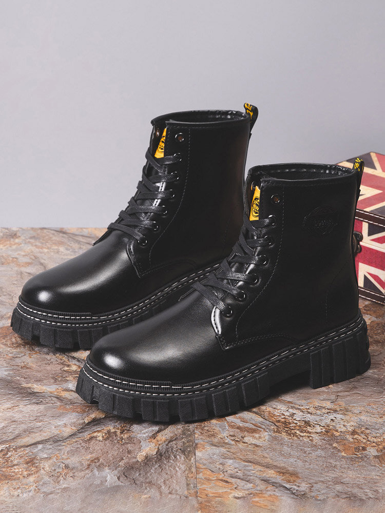 
	Men Black Comfort Round Toe Pure Color PU Leather Mid Calf Boots