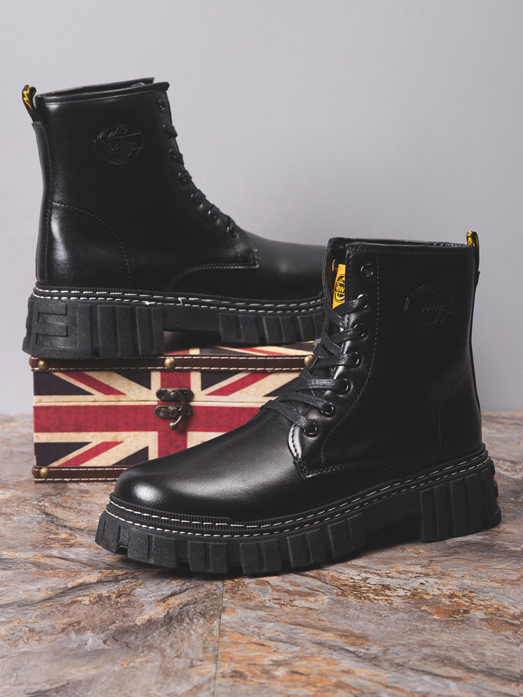 
	Men Black Comfort Round Toe Pure Color PU Leather Mid Calf Boots