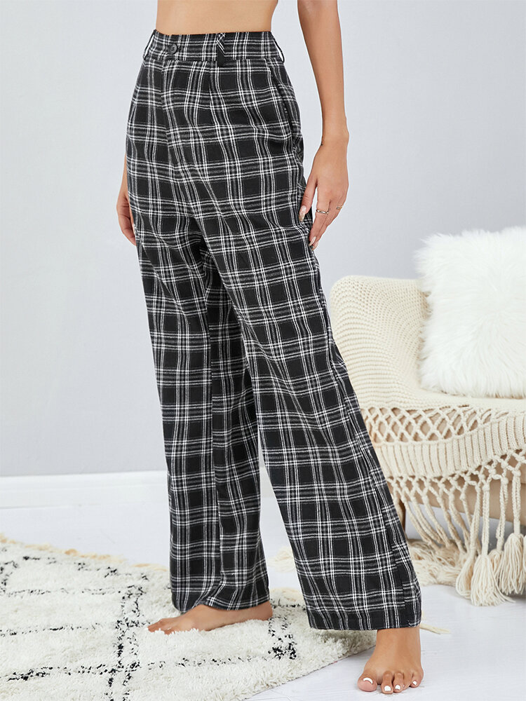 
	Plaid Print Tartan High Waist Flared Pants with Pocket