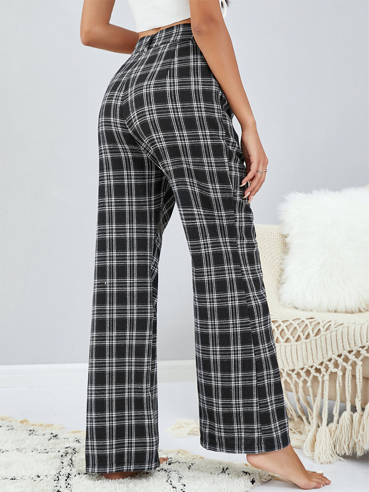 
	Plaid Print Tartan High Waist Flared Pants with Pocket