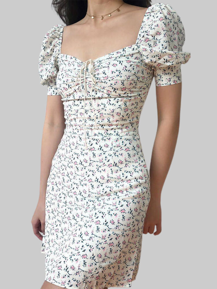 
	Floral Print Tie Front Square Collar Puff Sleeve Chiffon Dress