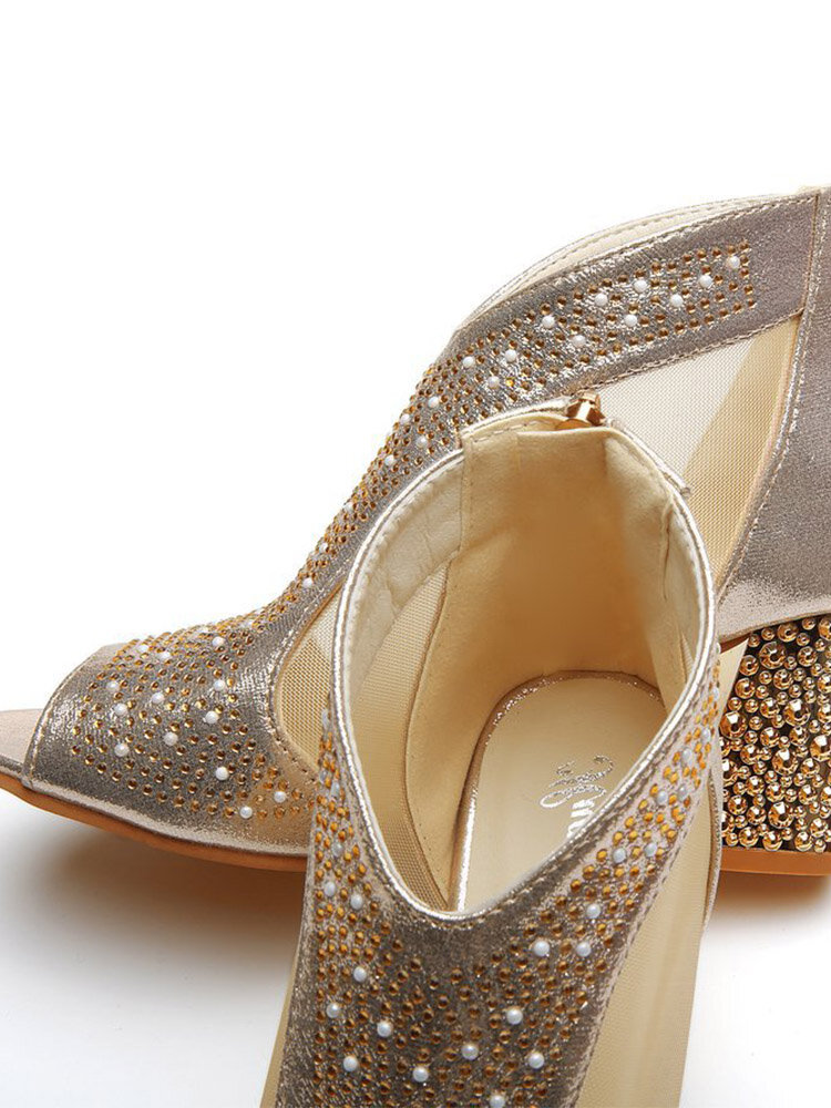 
	Women Fashion Peep Toe Rhinestone Splicing Mesh Comfy Wearable Chunky Heel Sandals