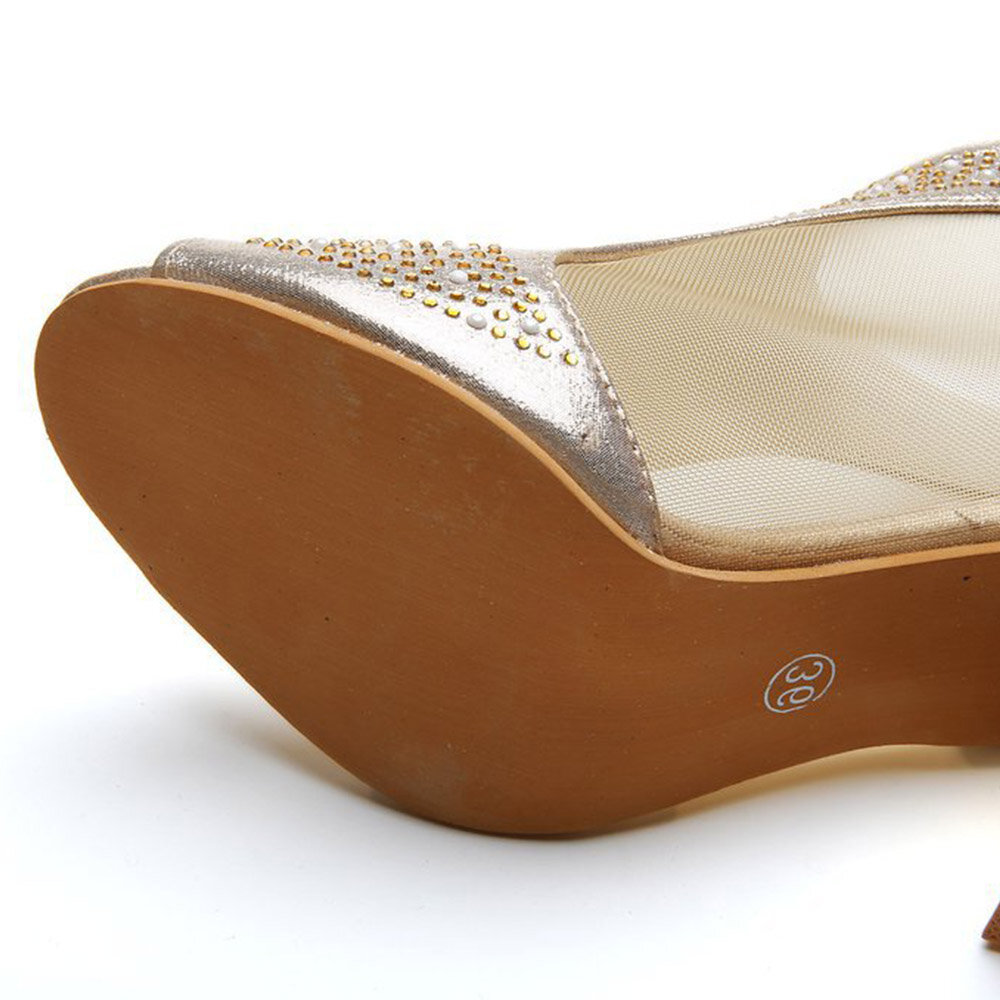 
	Women Fashion Peep Toe Rhinestone Splicing Mesh Comfy Wearable Chunky Heel Sandals