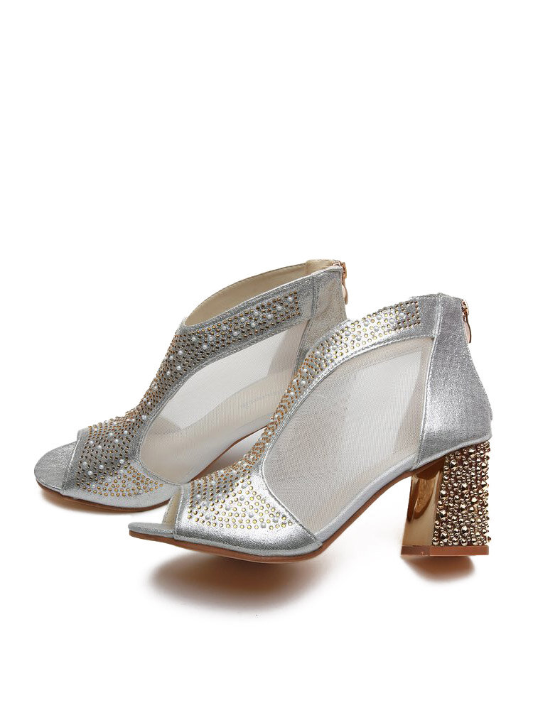
	Women Fashion Peep Toe Rhinestone Splicing Mesh Comfy Wearable Chunky Heel Sandals