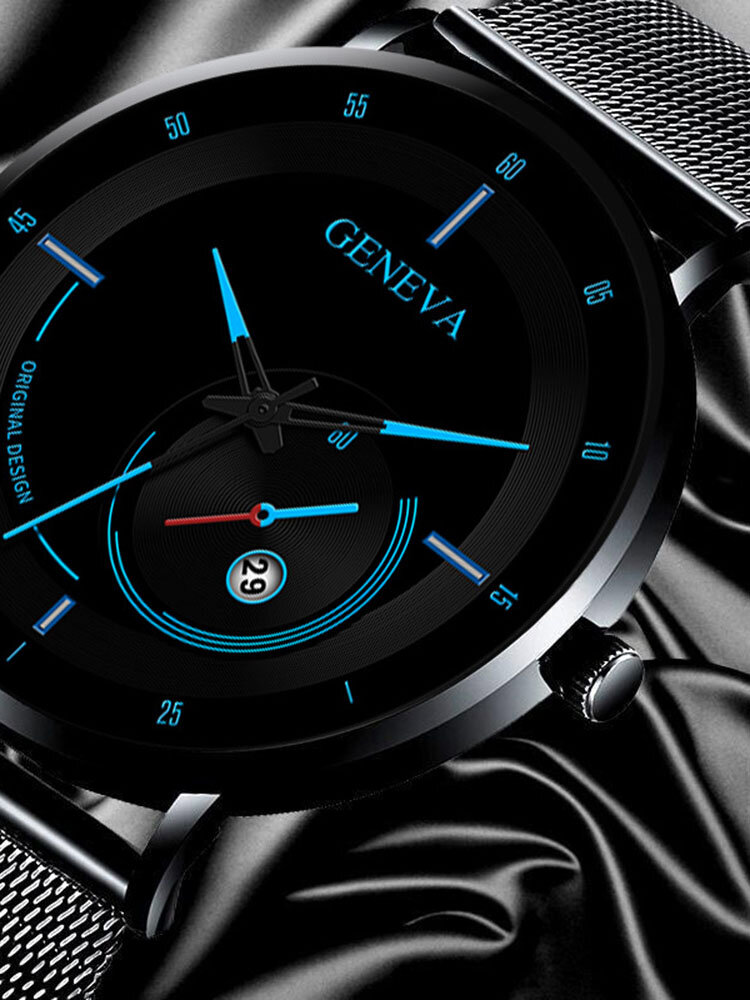 
	Alloy Steel Business Casual Mesh Belt Calendar Mens Quartz Watch