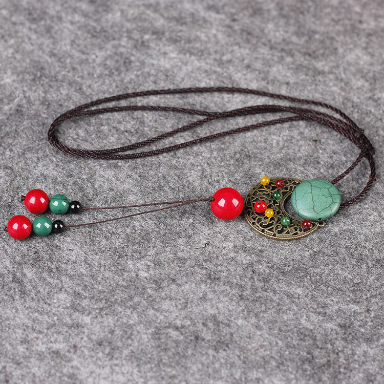 
	Ethnic Vintage Agate Hollow Moon Turquoise Jade Casual Shirts Sweater Long Necklace for Her