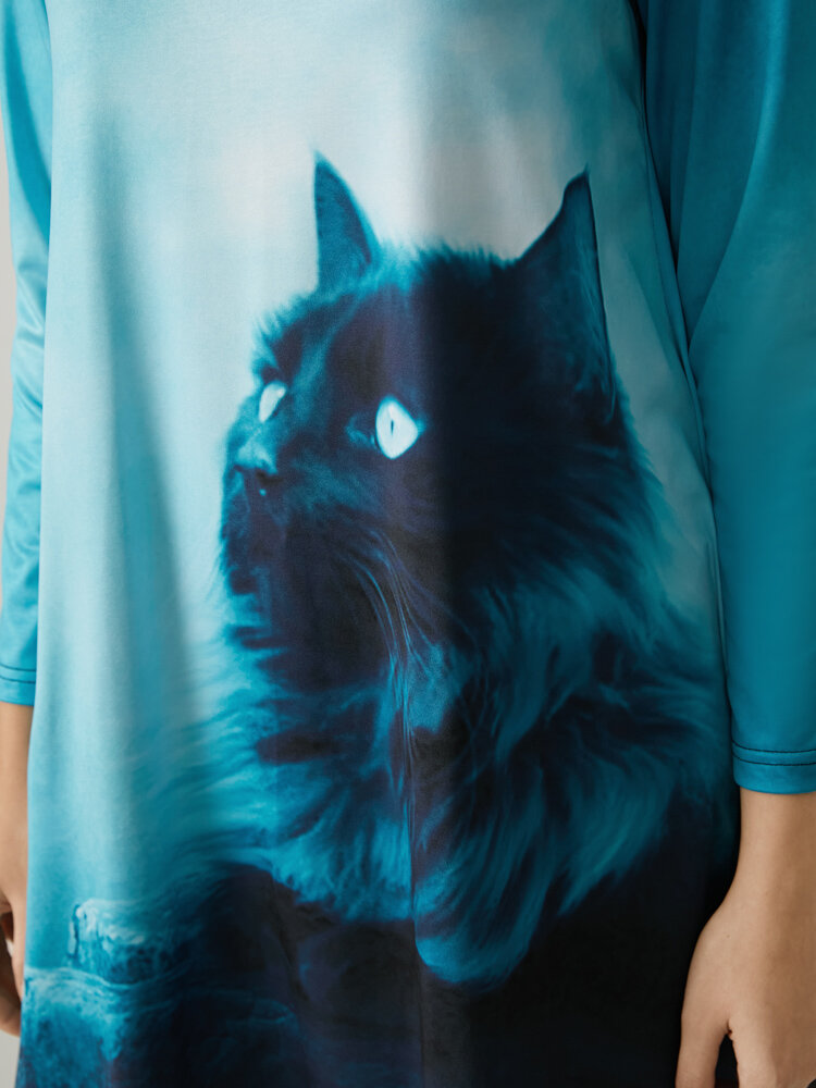 
	Cartoon Cat Print Turtleneck Long Sleeve Women Casual Dress