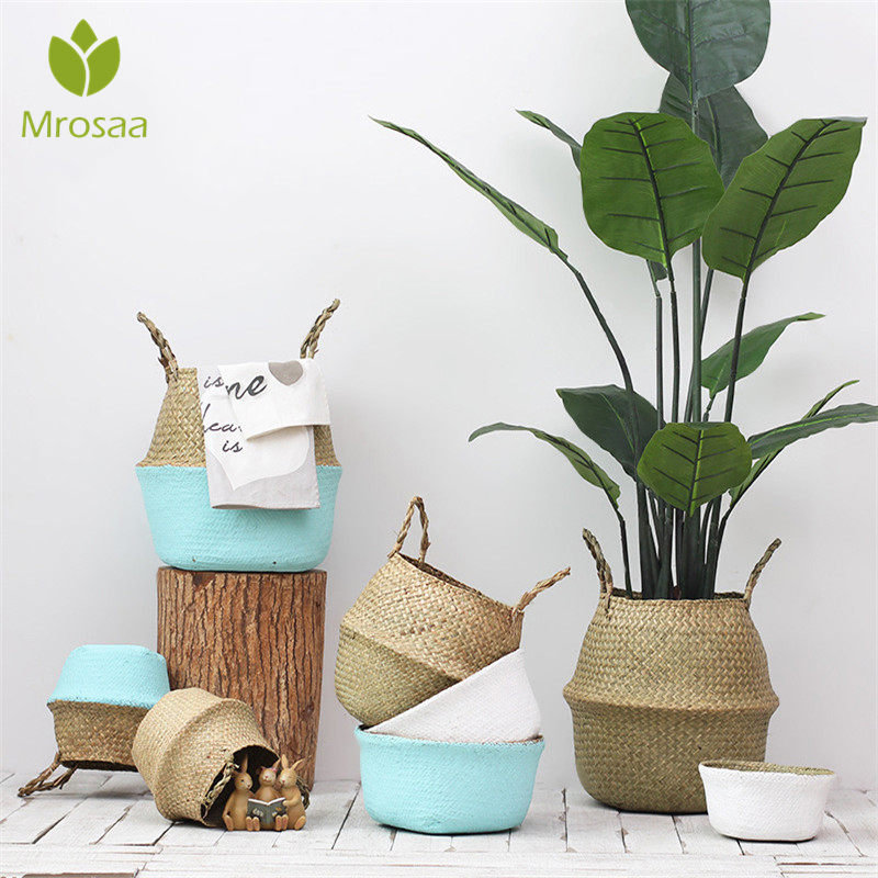 
	Household Foldable Natural Seagrass Woven Storage Pot Garden Flower Vase Hanging Basket With Handle