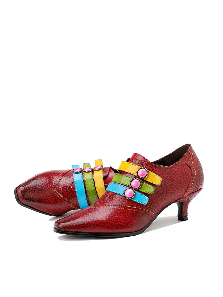 
	Socofy Retro Print Genuine Leather Colorful Button Pointed Toe Cone Heel Business Shoes Side Zipper Low Heel Pumps