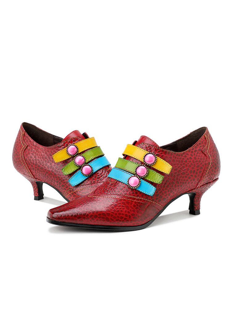 
	Socofy Retro Print Genuine Leather Colorful Button Pointed Toe Cone Heel Business Shoes Side Zipper Low Heel Pumps