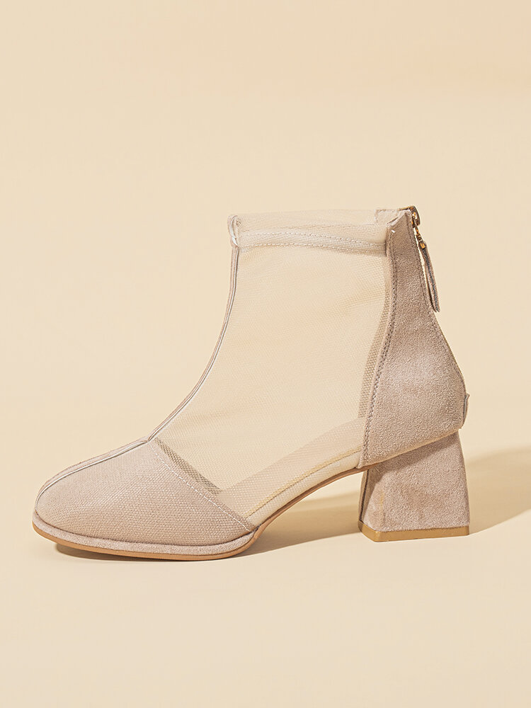 
	Women Solid Color Summer Breathable Mesh Suede Pacthwork Back-zip Heel Boots