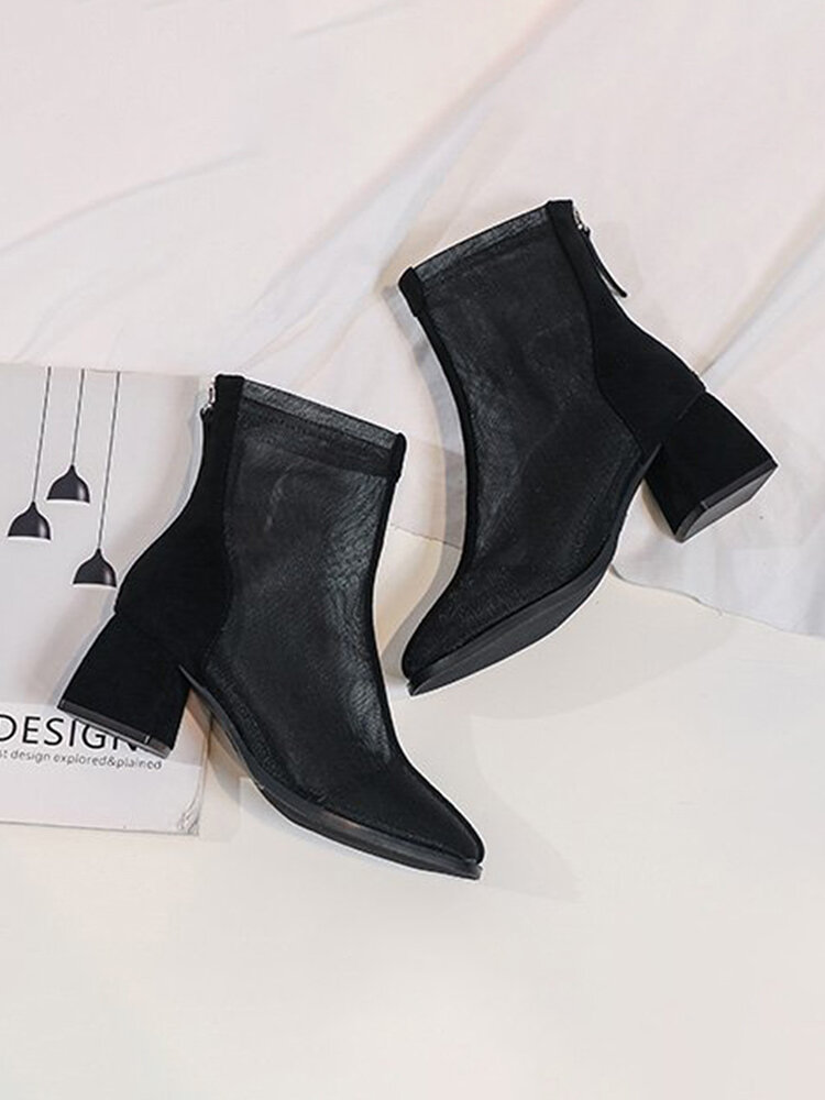 
	Women Solid Color Summer Breathable Mesh Suede Pacthwork Back-zip Heel Boots
