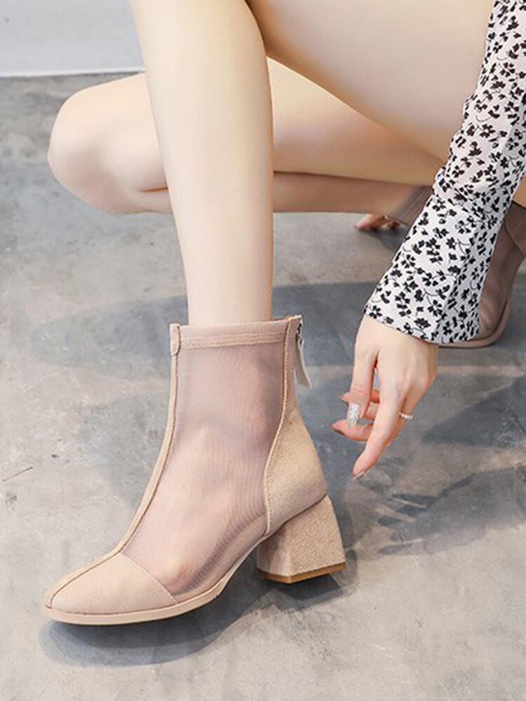 
	Women Solid Color Summer Breathable Mesh Suede Pacthwork Back-zip Heel Boots