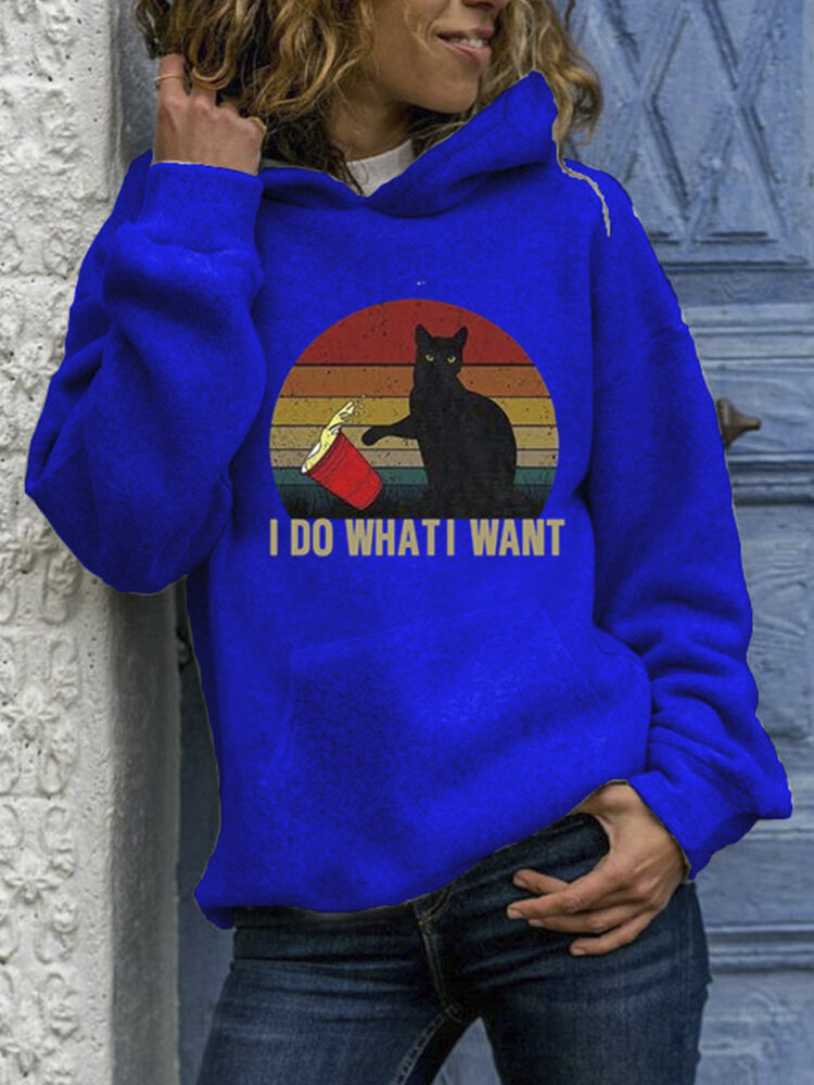 
	Black Cat Print Long Sleeves Casual Hoodies for Women