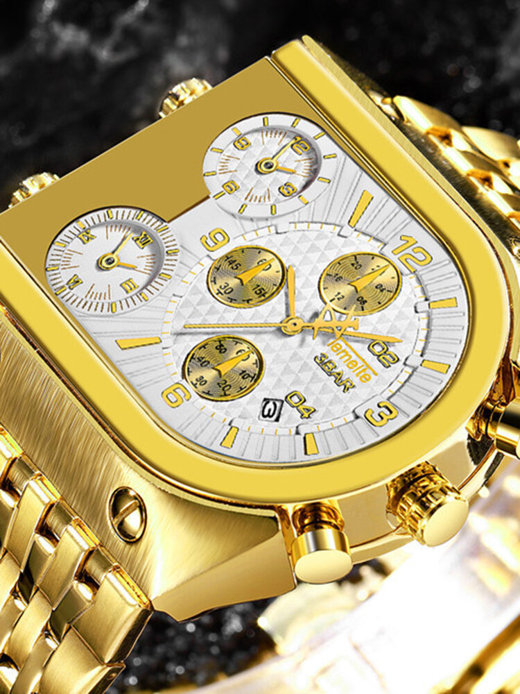 
	U-Shape Dial Men Business Watch Three Time Zone Calendar Waterproof Quartz Watch