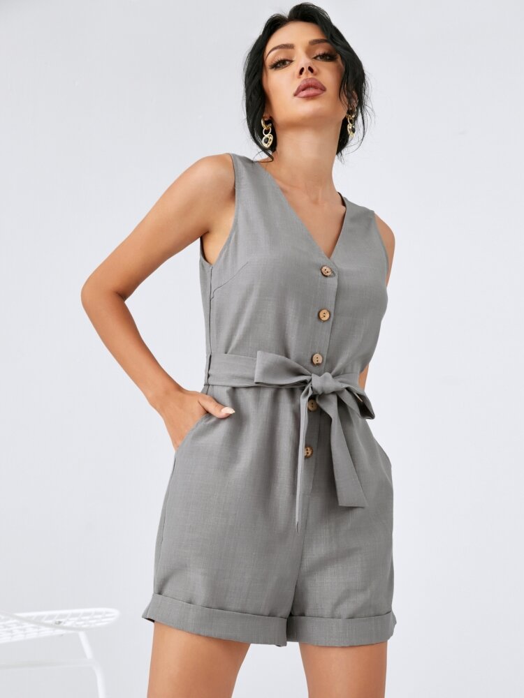 
	Solid Pocket Button Belt Sleeveless Casual Jumpsuit Women
