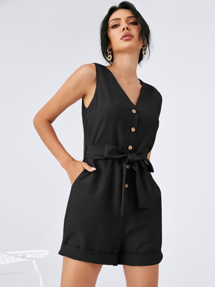 
	Solid Pocket Button Belt Sleeveless Casual Jumpsuit Women