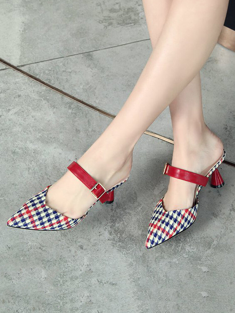 
	Women Retro Elegant Lattice Pattern Pointed Toe Backless Cone Heel Shoes