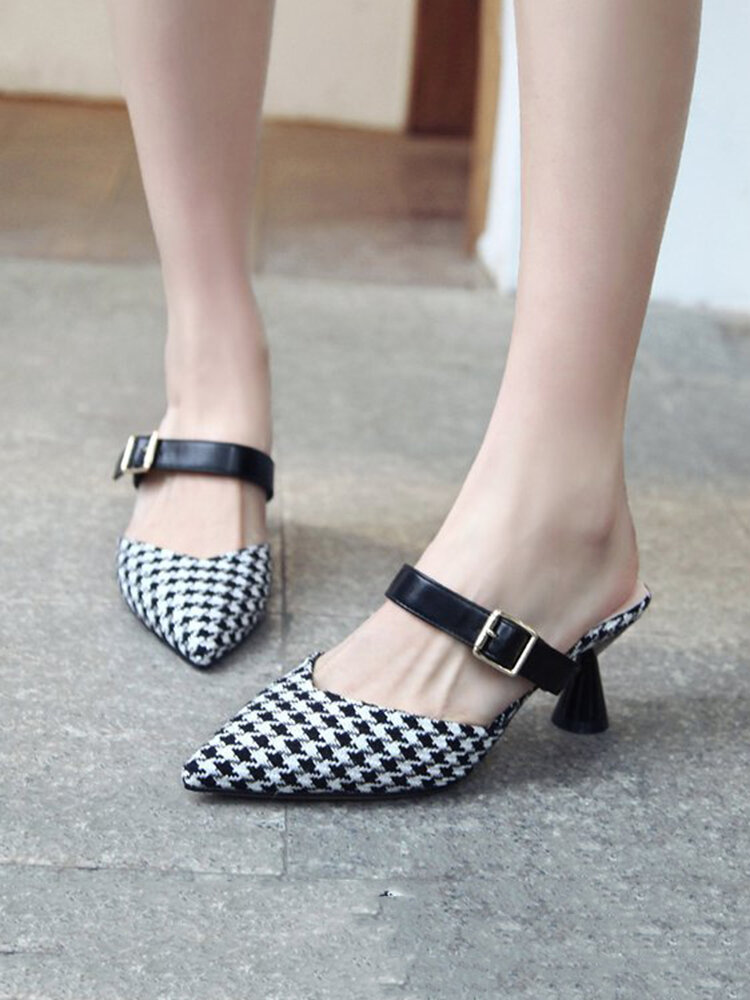 
	Women Retro Elegant Lattice Pattern Pointed Toe Backless Cone Heel Shoes