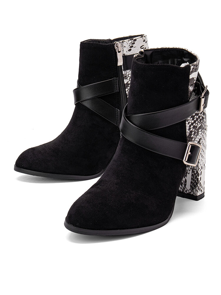 
	Plus Size Fashion Snake Pattern Patchwork Comfy Side-zip Block Heel Boots For Women