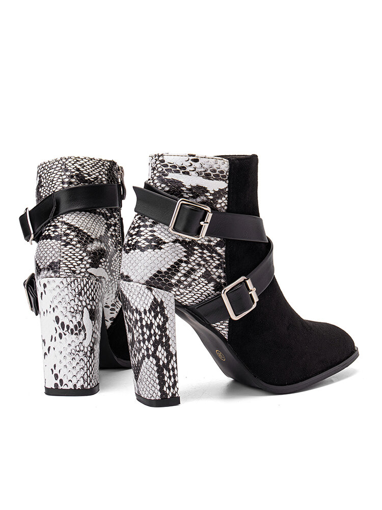 
	Plus Size Fashion Snake Pattern Patchwork Comfy Side-zip Block Heel Boots For Women