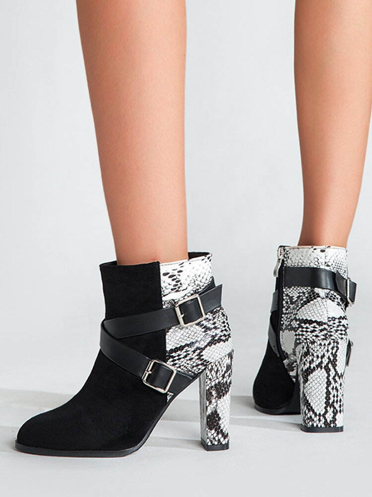 
	Plus Size Fashion Snake Pattern Patchwork Comfy Side-zip Block Heel Boots For Women