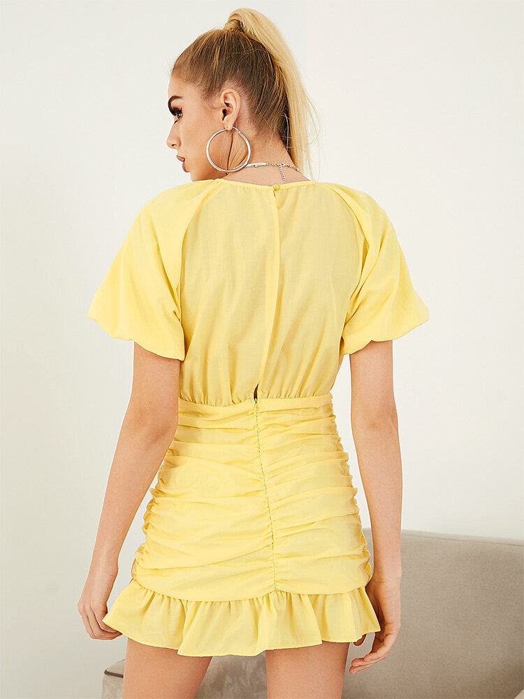 
	Solid Puff Sleeve Folds Ruffle Short Sleeve Casual Dress