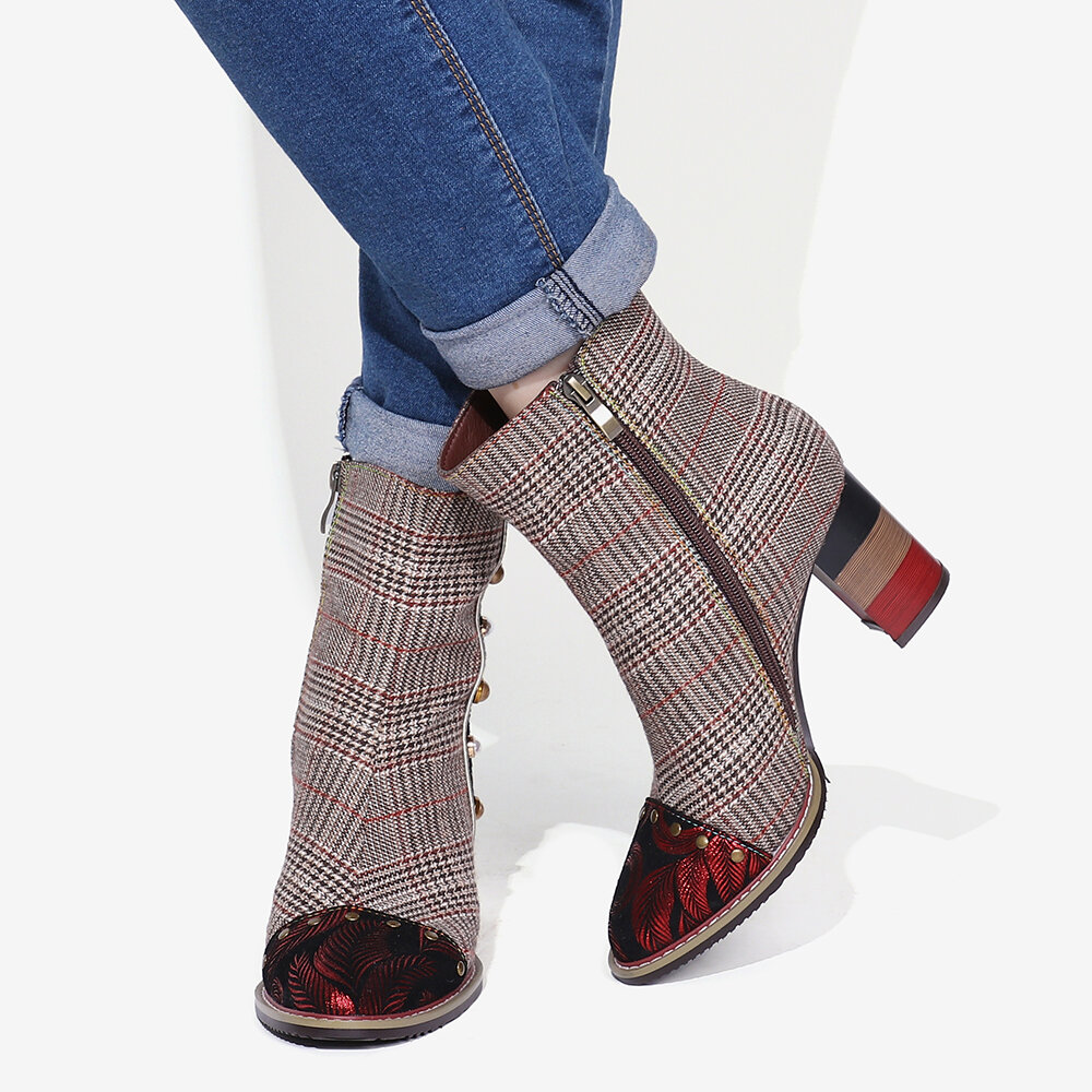 
	SOCOFY Grid Pattern Fashion Bead Sheep Leather Splicing High Square Heel Short Boots