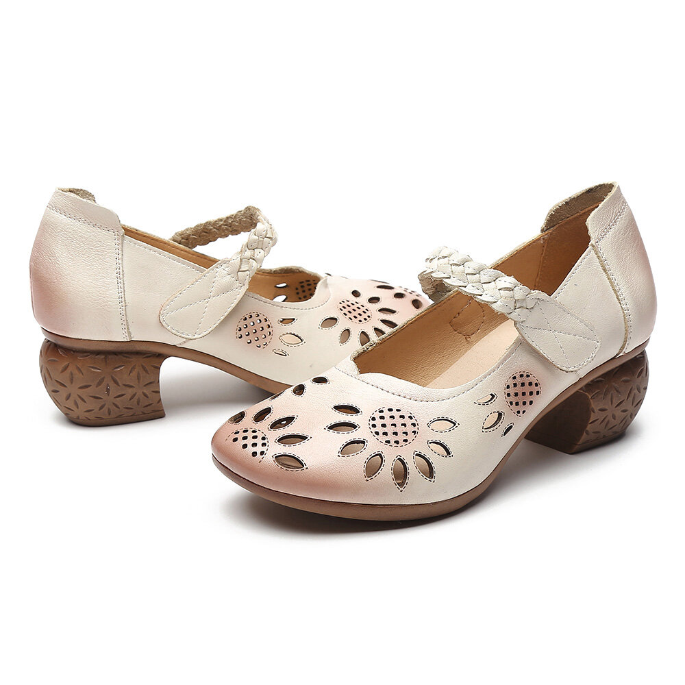 
	SOCOFY Leather Cutout Floral Braided Adjustable Ankle Strap Chunky Heel D&rsquo;orsay Pumps