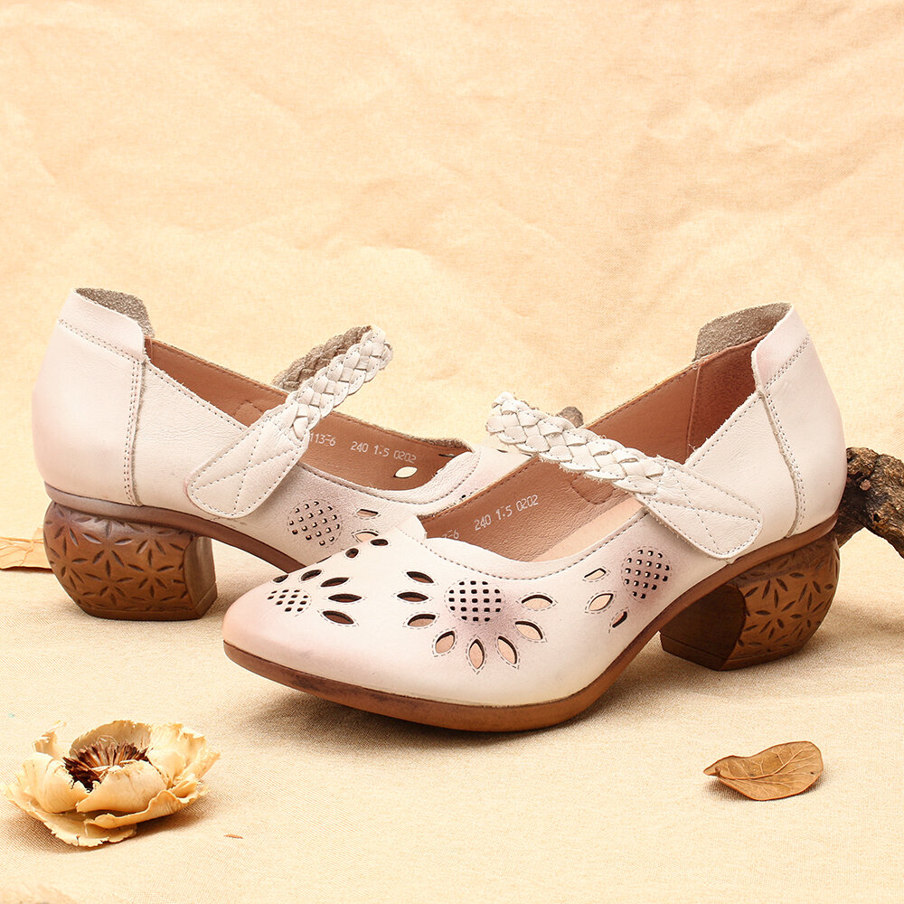 
	SOCOFY Leather Cutout Floral Braided Adjustable Ankle Strap Chunky Heel D&rsquo;orsay Pumps