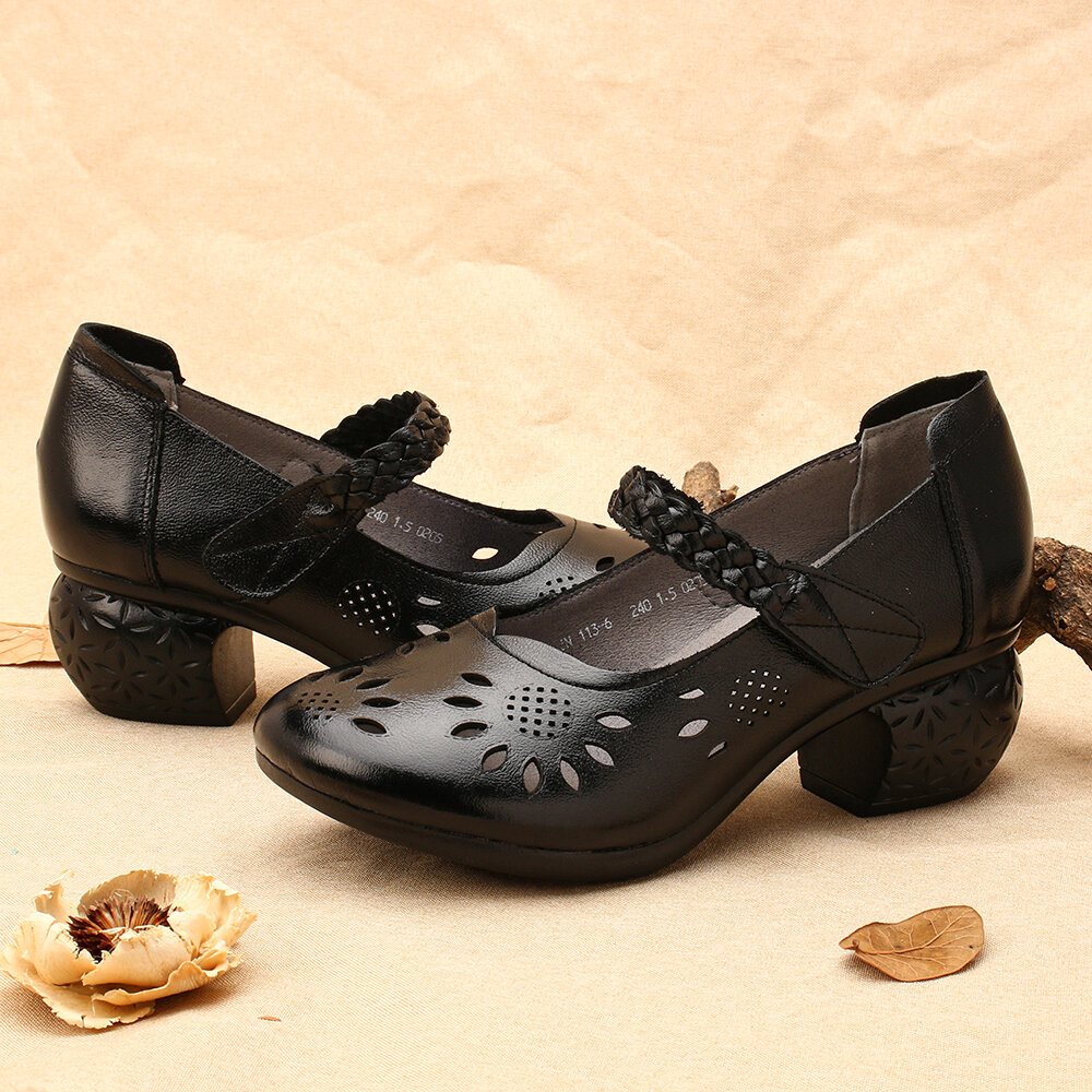 
	SOCOFY Leather Cutout Floral Braided Adjustable Ankle Strap Chunky Heel D&rsquo;orsay Pumps