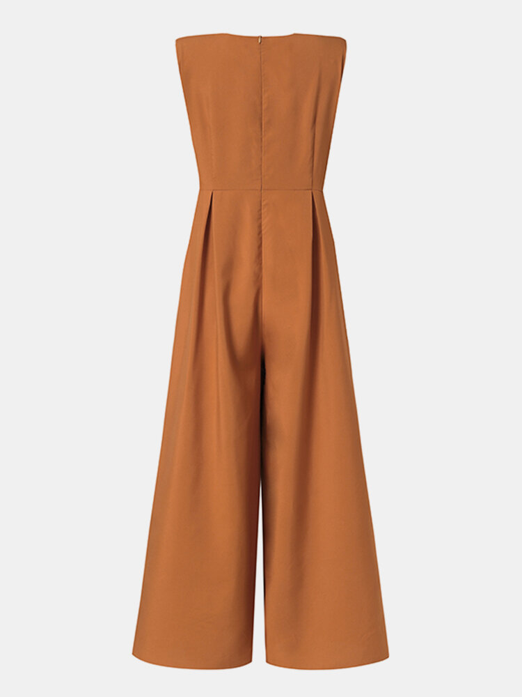 
	Solid Color Waistband Slit Hem Sleeveless Casual Jumpsuit for Women