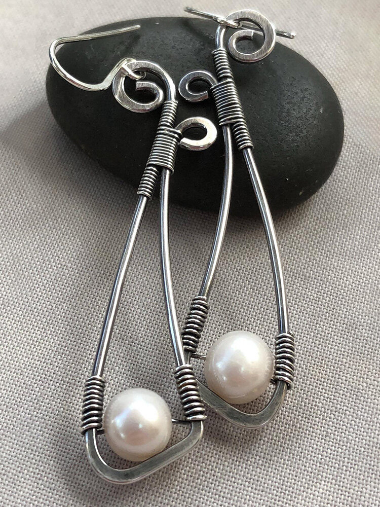 
	Vintage 925 Silver Plated Women Earrings Symmetry Bowknot Pearl Pendant Earrings