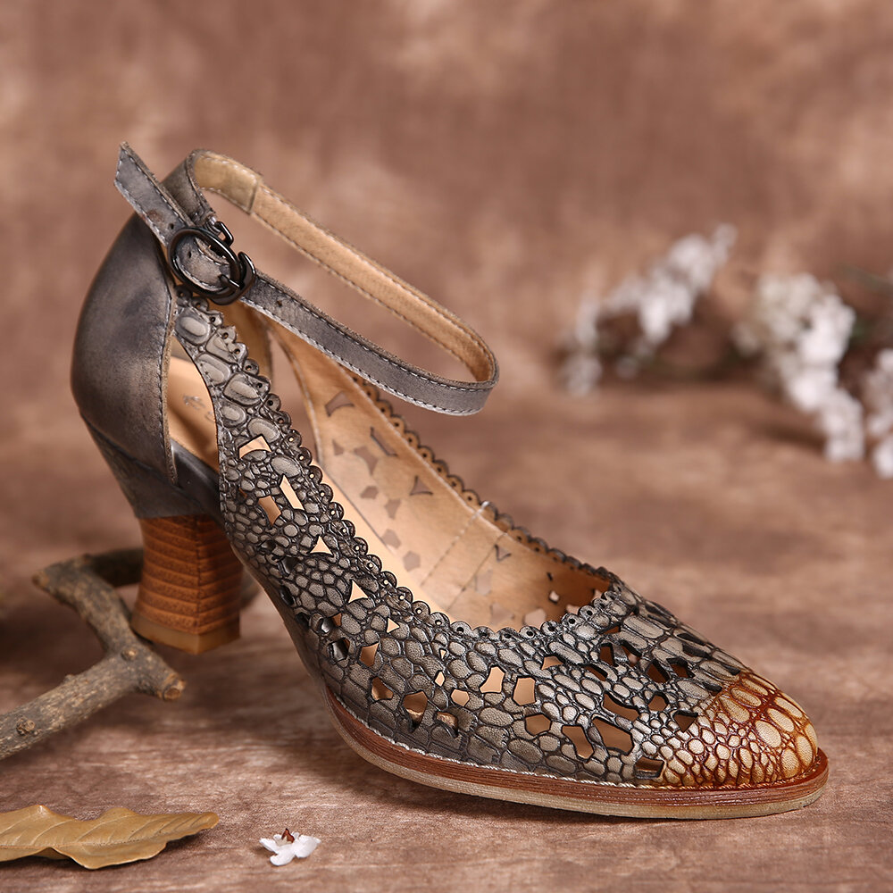 
	SOCOFY Retro Adjusatble Buckle Strap Hollow Pattern Embossed Pointed Leather Eleagant Pumps