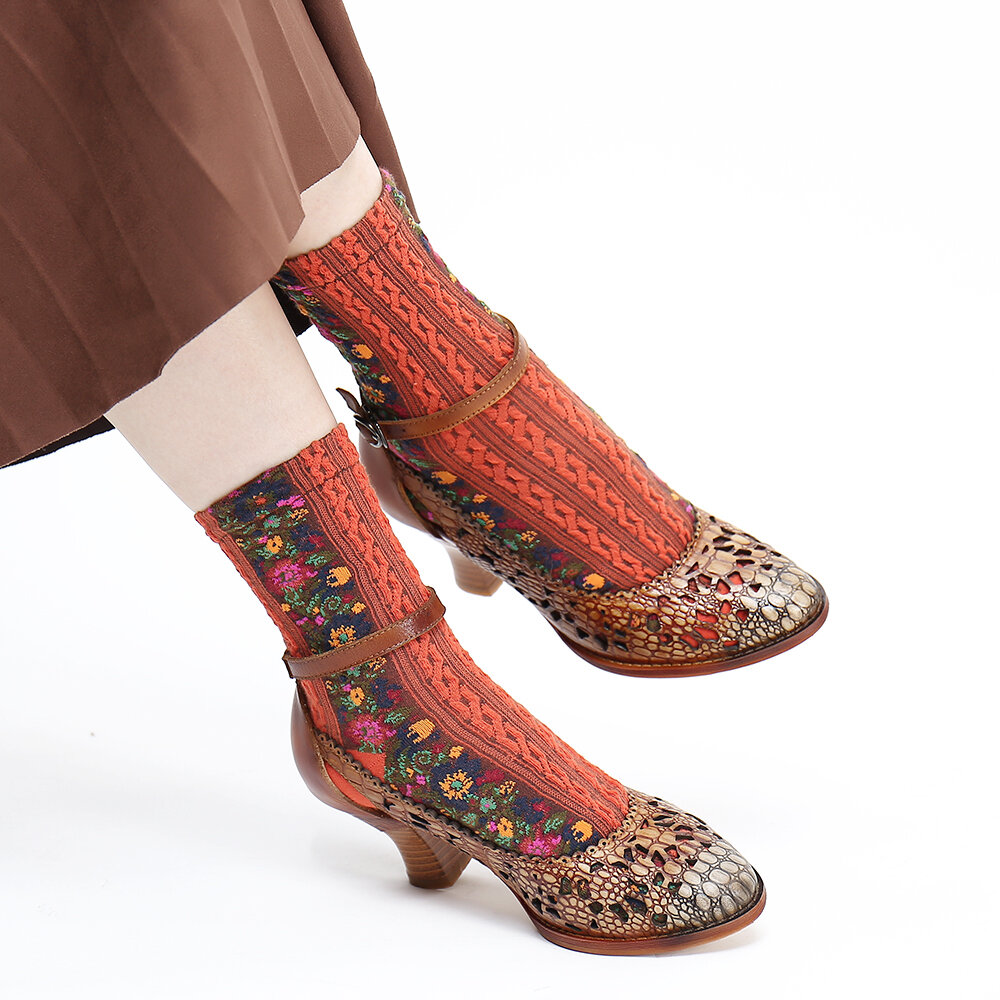 
	SOCOFY Retro Adjusatble Buckle Strap Hollow Pattern Embossed Pointed Leather Eleagant Pumps