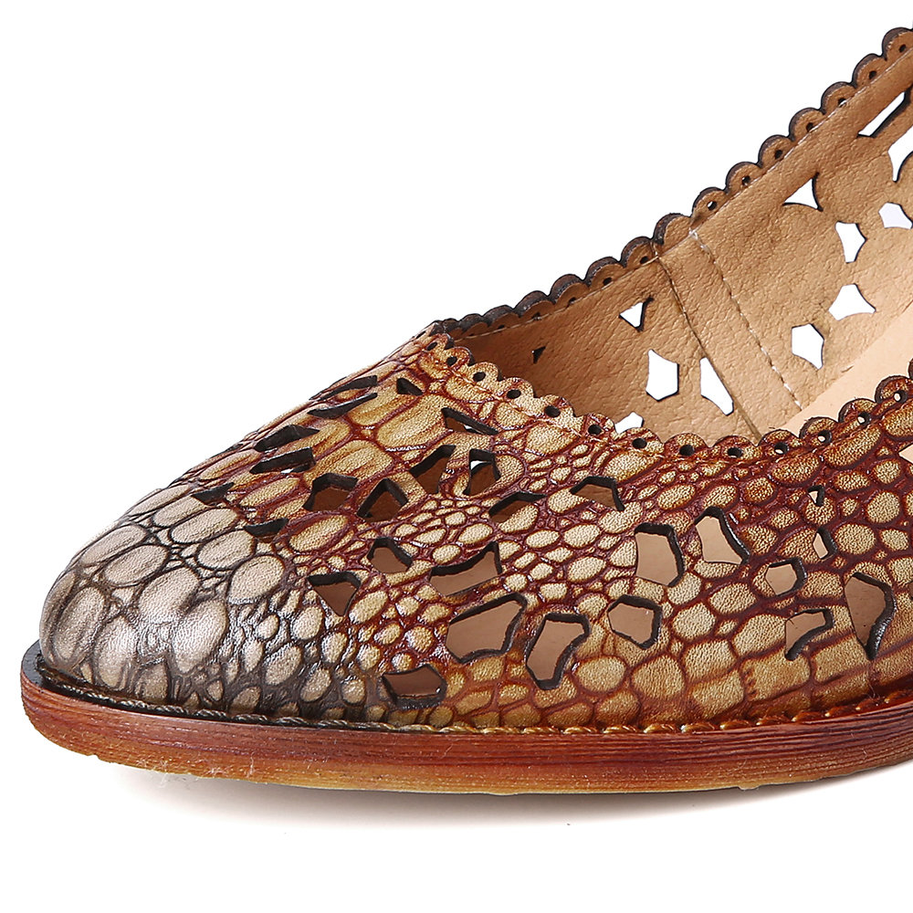 
	SOCOFY Retro Adjusatble Buckle Strap Hollow Pattern Embossed Pointed Leather Eleagant Pumps