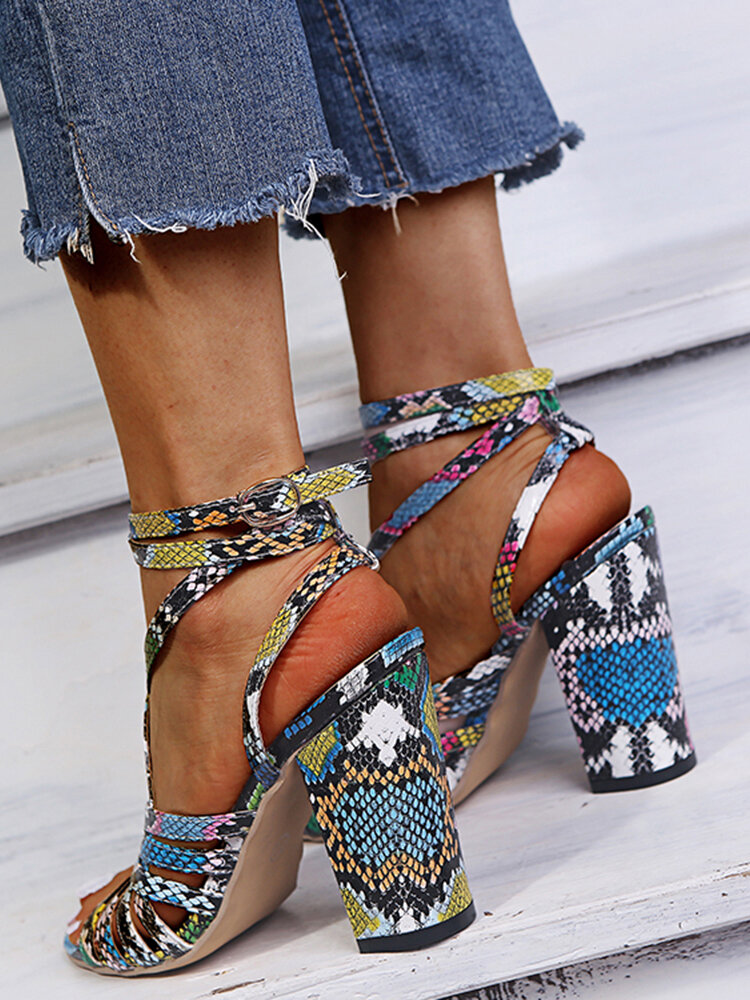 
	Women Fashion Colorful Snake Print Cross Straps Upper Ankle Buckle Strap Peep Toe Chunky Heels Sandals