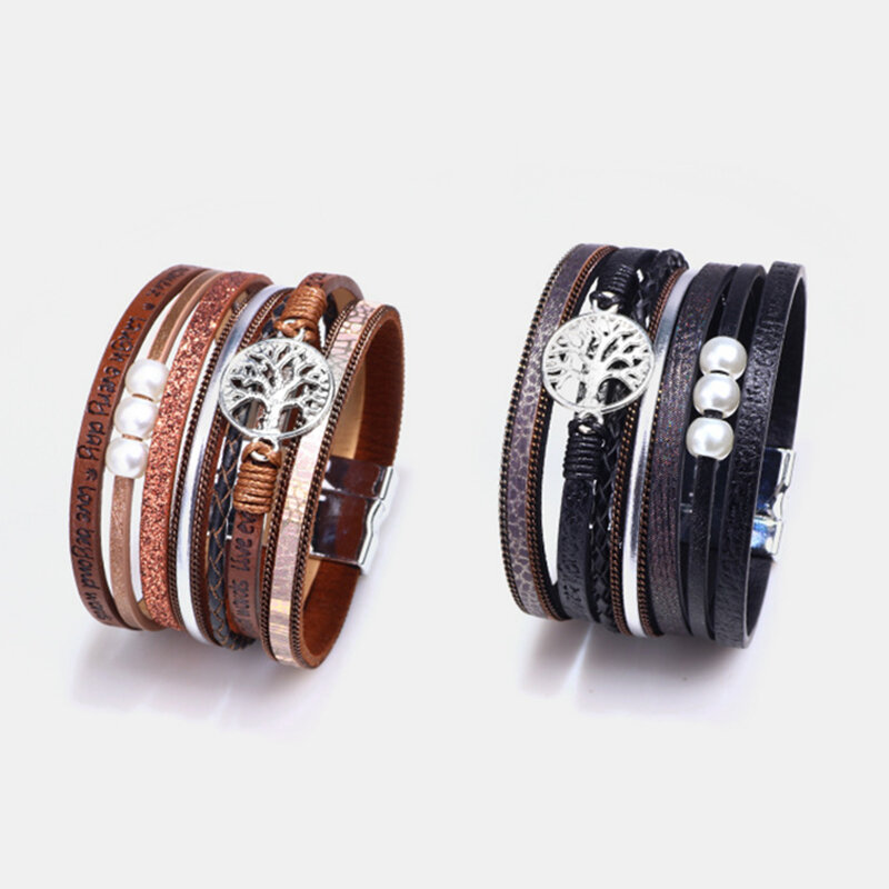 
	Trendy Vintage Ladies Bracelet Hollow Life Tree Embossed Alphabet Pearl Bracelet