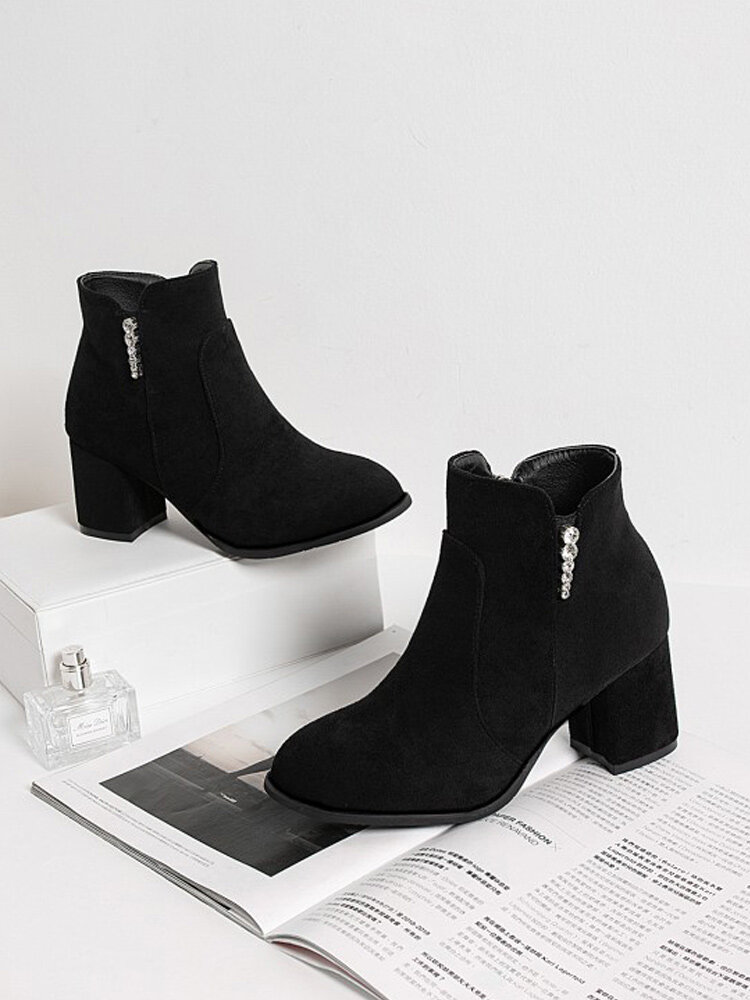 
	Women Suede Rhinestone Almond Toe Side Zipper Chunky Heel Ankle Boots